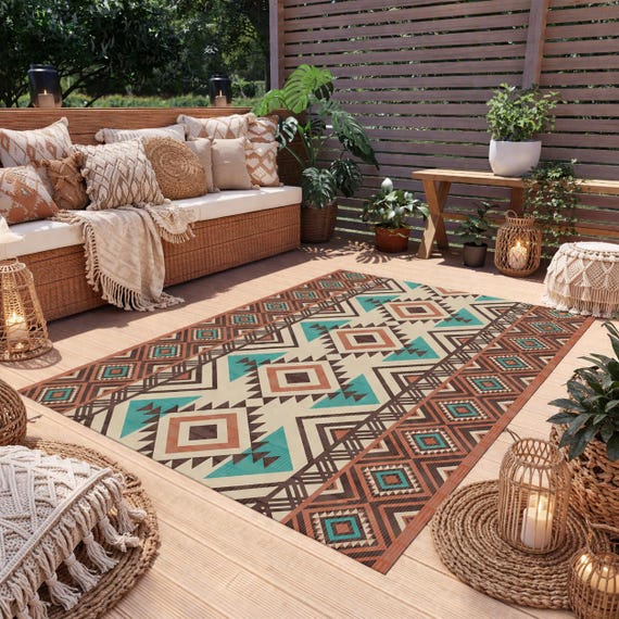 Boho Aztec Outdoor Rug, Waterproof Southwestern Patio Carpet, Bohemian Balcony Decor