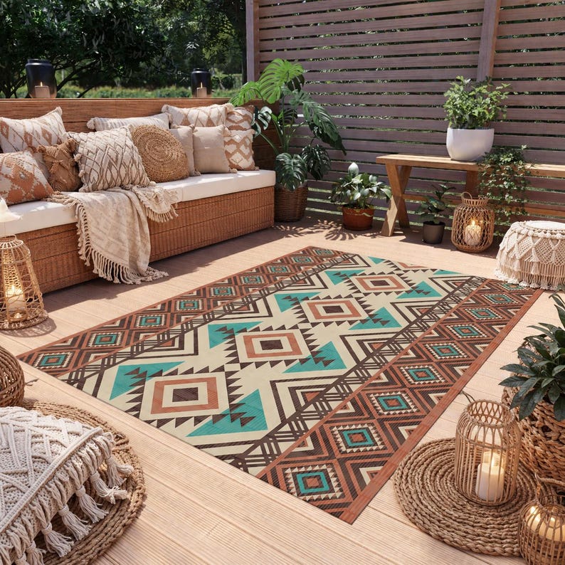 May include: An outdoor rug with a geometric pattern in shades of brown, teal, and cream. The rug is rectangular and placed on a wooden deck, surrounded by outdoor furniture and plants. The design features diamond and triangle shapes.
