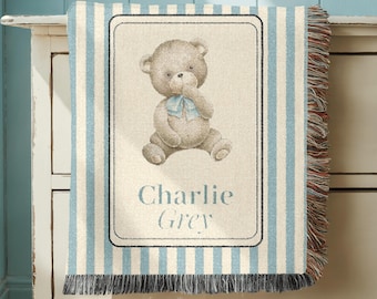 Personalized Woven Teddy Bear Baby Blanket, Custom Newborn Bear Nursery