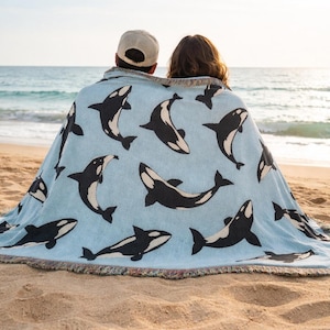 Orca Whale Woven Blanket, Coastal Throw, Nautical Tapestry, Orca Lover Gift