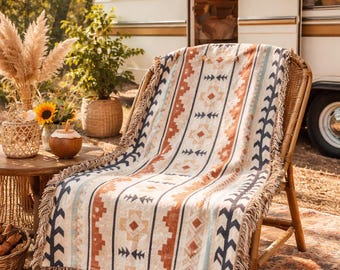 Woven Mexican Blanket, Southwestern Boho Throw, 100% Cotton Tapestry Bedspread
