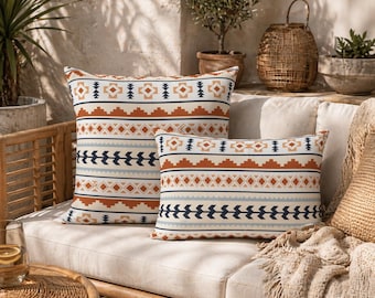 Boho Mexican Outdoor Pillow, Waterproof Geometric Patio Cushion