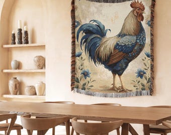 Rooster Woven Blanket, Cottagecore Farmhouse Tapestry, Rustic Decor