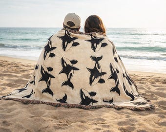 Orca Whale Woven Blanket - Coastal Tapestry, Beach House Decor, Orca Gift