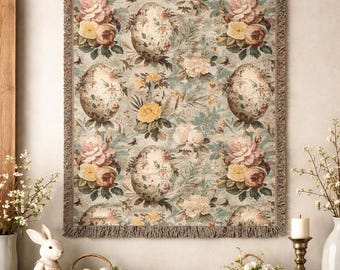 Vintage Floral Easter Tapestry Blanket, 100% Cotton Woven Throw