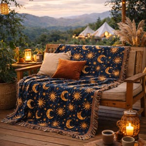 Manta de algodón tejida con sol y luna celestiales, tapiz espiritual bohemio
