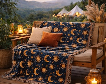 Celestial Sun Moon Woven Cotton Blanket, Boho Spiritual Tapestry Throw