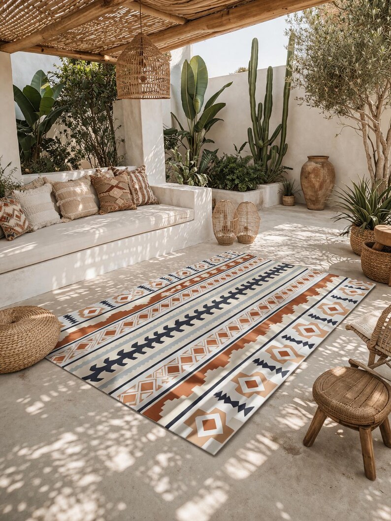 May include: A rectangular outdoor rug with a geometric pattern in shades of cream, brown, navy, and gray. The rug is placed on a concrete patio, with a seating area and plants in the background. The rug's design features stripes and diamond shapes.