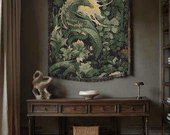 Dragon Blanket, Medieval Tapestry, Fantasy Throw or Woven Bedspread, Gothic Decor