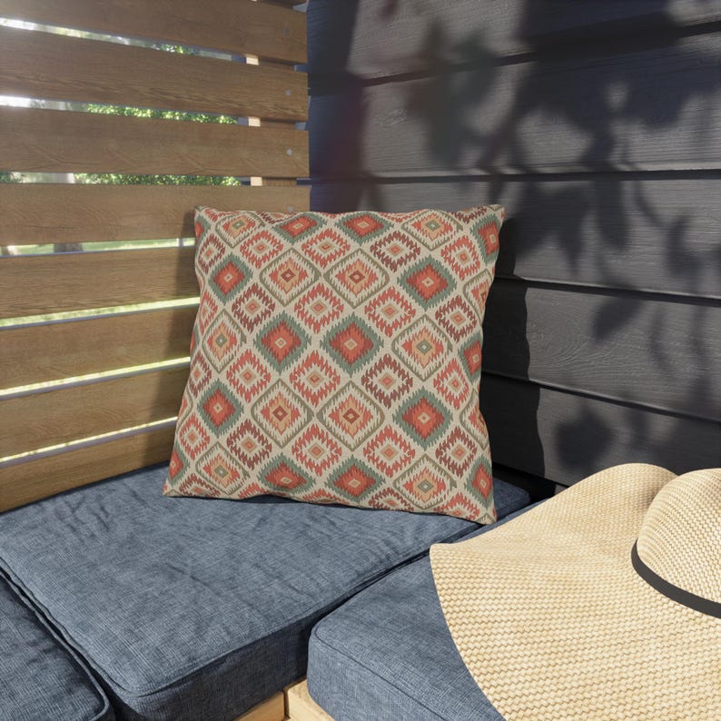 Boho Outdoor Pillow – Coral Geometric Ibiza Patio Cushion, Outdoor Throw Pillow image 5