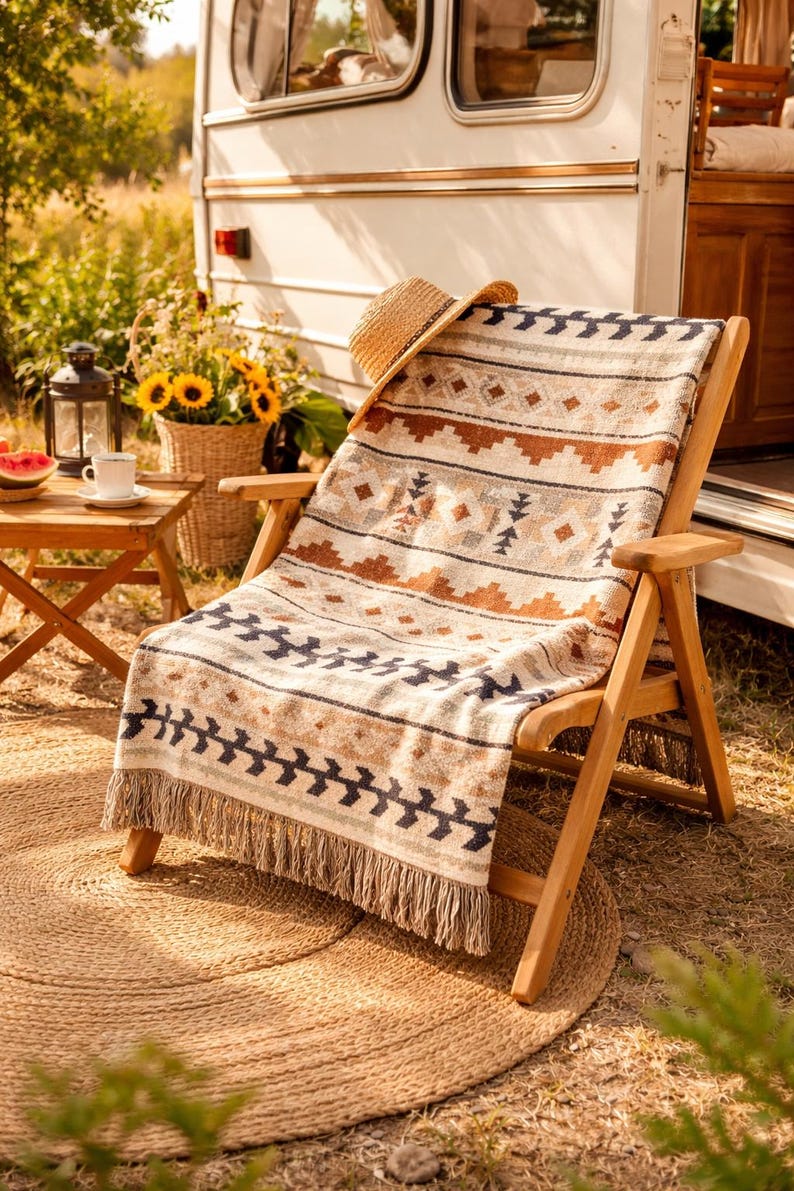 May include: A wooden folding chair with a patterned blanket and straw hat sits outside a camper. The blanket features geometric designs in brown, beige, and navy blue. A round jute rug is beneath the chair. A small table with a cup and watermelon is nearby.