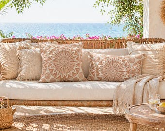 Mandala Outdoor Pillow – Peach Terracotta Boho Patio Cushion, Outdoor Throw Pillow
