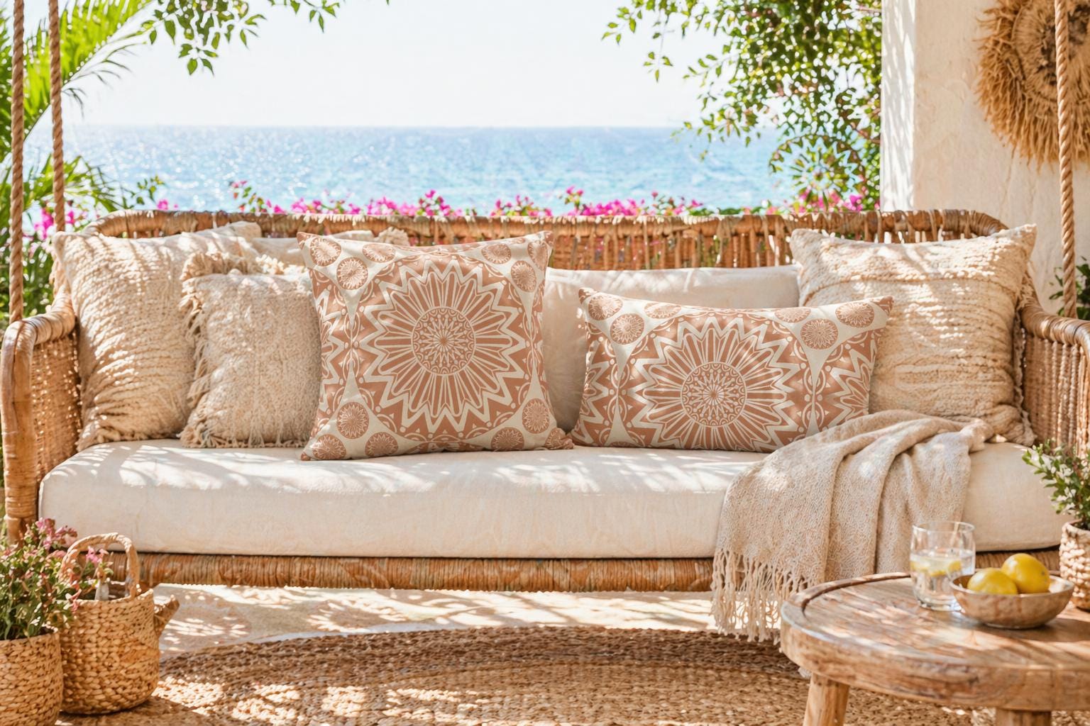 Boho Mandala Kissen, Outdoor Kissen Beige, Wasserdichtes Terrassenkissen