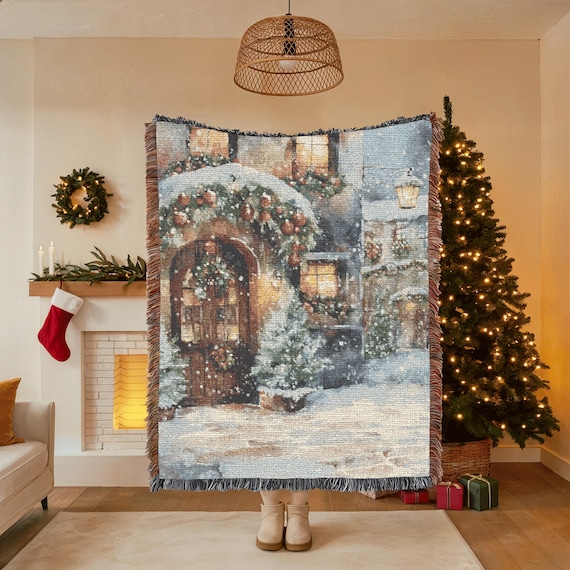 Weihnachts-Wandteppich, Winter-Tapisserie oder Tagesdecke, gemütliches Feiertags-Wohndekor