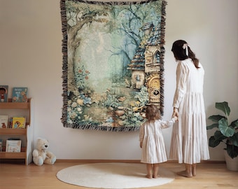 Woodland Tapestry, Forest Blanket for Kids Room or Cabin Decor, 100% Cotton Woven Blanket