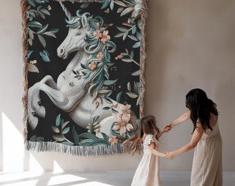 Manta de Unicórnio Tecida, Tapeçaria Medieval ou Colcha 100% Algodão, Decoração de Quarto Infantil com Tema de Unicórnio