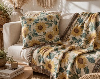 Solrosvävd filt, bohemisk blommig pläd, heminredning i cottagecore, vintage solrosgobeläng