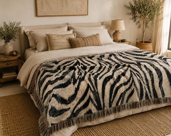 Zebra Print Blanket – Safari Animal Boho Cotton Throw or Bedspread 100% Cotton