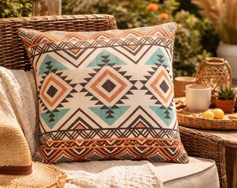 Boho Mexican Outdoor Pillow, Waterproof Aztec Cushion, Southwestern Patio Decor