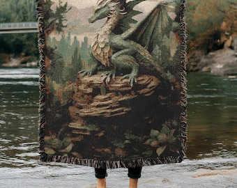 Dragon Blanket, Medieval Tapestry, Fantasy Throw or Woven Bedspread, Gothic Decor