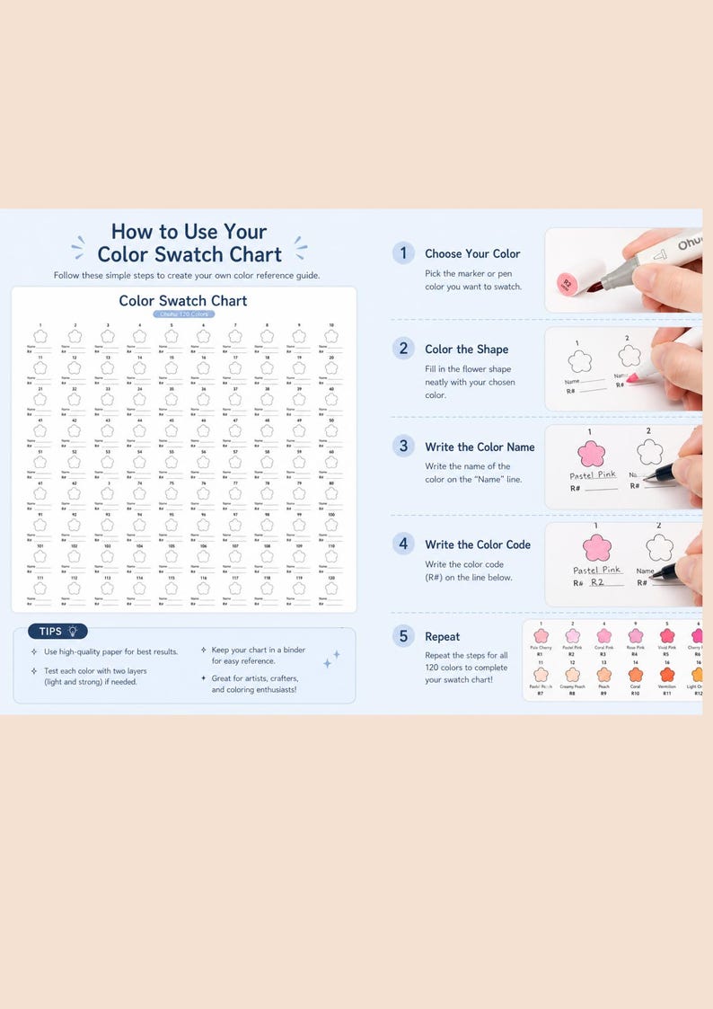 Flower Color Swatch Chart 120 Colors, Ohuhu Marker Chart, Printable A4 ...
