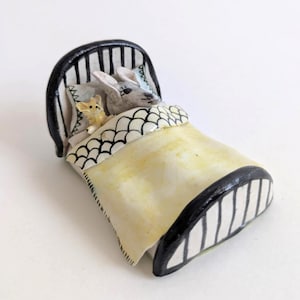 Whimsical Handmade Mouse & Bear In Bed Ornament