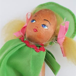 Vintage 1960s Hand Painted Polish Peg Doll In Green Dress