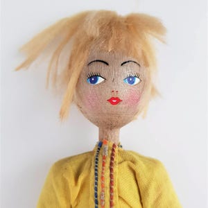 Vintage 1960s Hand Painted Polish Peg Doll In Yellow Dress