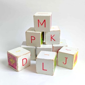 May include: A collection of white wooden alphabet blocks with red letters and colorful illustrations. The blocks are arranged in a small pyramid and scattered around. Some blocks show the words "dog", "lion", and "jelly".