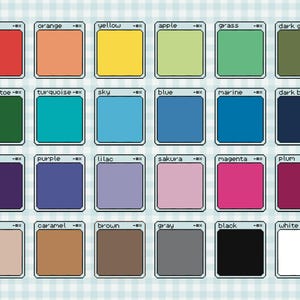 May include: A grid of twenty-four square icons, each resembling a computer window with a colored center. The colors include red, orange, yellow, apple, grass, dark green, mistletoe, turquoise, sky, blue, marine, dark blue, indigo, purple, lilac, sakura, magenta, plum, tan, caramel, brown, gray, black, and white.