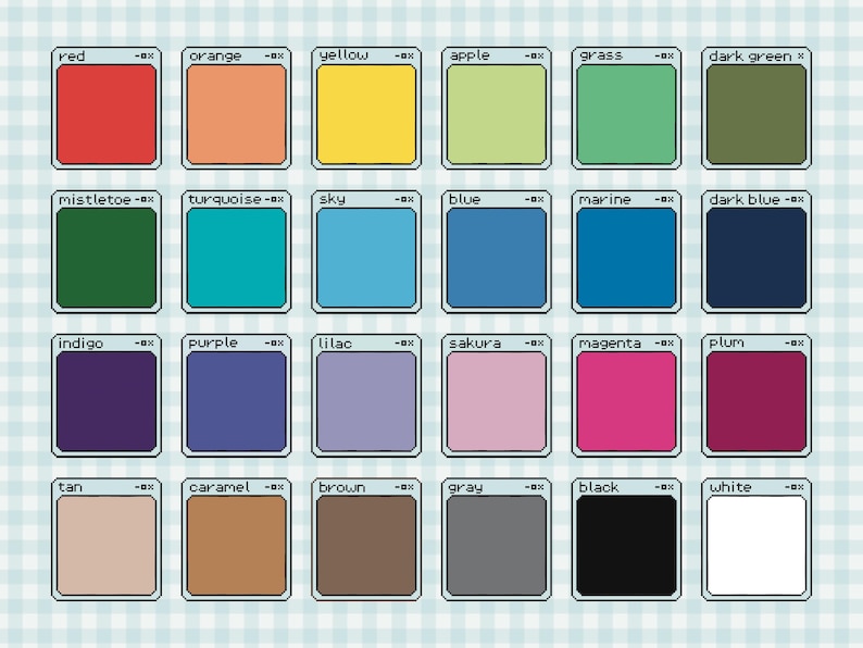May include: A grid of twenty-four square icons, each resembling a computer window with a colored center. The colors include red, orange, yellow, apple, grass, dark green, mistletoe, turquoise, sky, blue, marine, dark blue, indigo, purple, lilac, sakura, magenta, plum, tan, caramel, brown, gray, black, and white.