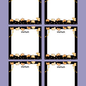 Peut inclure: Six cartes de notes carrées avec des bordures noires et le mot "Notes" en haut. Chaque carte a un intérieur blanc et est décorée d'accents floraux orange et jaunes. Le fond est violet clair.