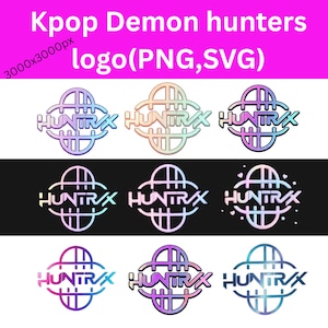 Puede incluir: Una colección de logotipos con el texto "HUNTRAX" en una fuente estilizada, sobre varios fondos. Los logotipos presentan un diseño único con una forma central y líneas verticales, con el texto en un esquema de color degradado. El banner superior dice "Kpop Demon hunters logo(PNG, SVG)".
