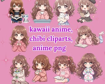 Kawaii Anime Girl Clipart PNG Bundle, Cute Chibi Sticker Pack, Transparent Anime Characters for Journals, Scrapbooking & Planner Use