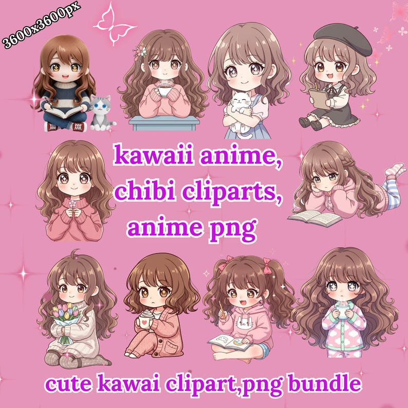 Kawaii Anime Girl Clipart PNG Bundle, Cute Chibi Sticker Pack ...