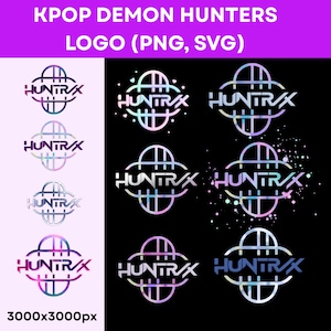 May include: A collection of KPOP DEMON HUNTERS logos in various designs. The logos feature the text "HUNTR/X" within a stylized, geometric emblem. The logos are in shades of purple, blue, and white, with a resolution of 3000x3000px.
