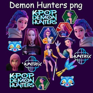 May include: A digital illustration featuring characters and logos from "K-POP DEMON HUNTERS." The image includes stylized portraits of female characters with purple and pink hair, along with the text "K-POP DEMON HUNTERS," "HUNTRIX," and character names.