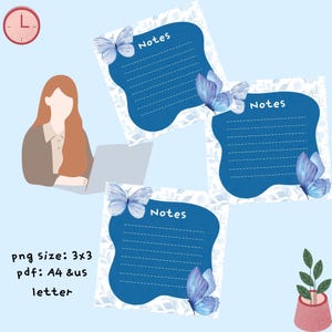 May include: Three blue note cards with butterfly illustrations and the word "Notes". The cards have a lined section for writing. The background is light blue with a floral pattern. A clock and a person with a laptop are in the background.