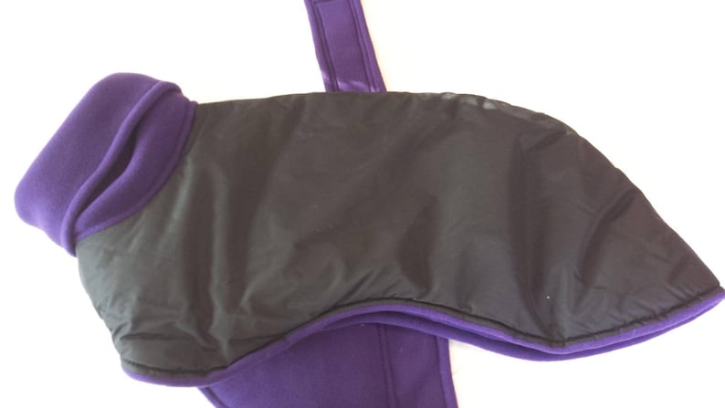 226 Black WaterproofBreathable Dog Raincoat with Purple Fleece Interior Whippet Dog Coat