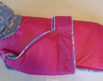 Extra Warm Winter Dog Coat - Wisconsin Winter! Waterproof Pink w/ Blue Print Fleece - fits Italian Greyhound (IG) or small Whippet [175]