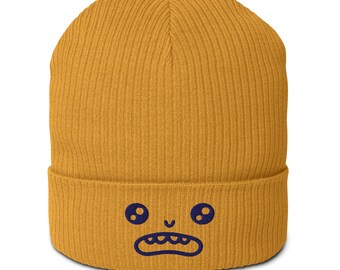 Eesh Face Beanie: Kawaii Embroidered Organic Cotton Knit Hat