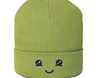 Embroidered Smiley Face Beanie: Organic Cotton Knit Hat