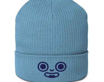 WOAH Face Beanie – Wide-Eyed Kawaii Embroidered Blue Knit Hat by Dongle