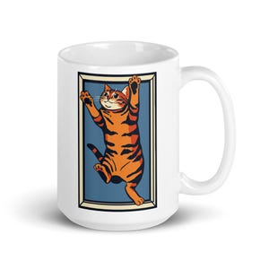 Clingy Orange Tabby Cat Large 15oz mug – Funny Striped Cat Climbing, Chonky Cat Graphic, bengal mug