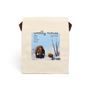 Könnte beinhalten: Eine weiße Canvas-Tragetasche mit braunen Henkeln. Die Tasche hat ein gedrucktes Bild eines Wollmammuts und eines kleineren Säugetiers in einer schneebedeckten Landschaft. Der Text "woolly mouse est 2025" ist über dem Bild gedruckt. Der Text "fluffy smol ancient brave" ist links neben dem Bild gedruckt. Der Text "FUBAR est. 2025" ist unter dem Bild gedruckt.