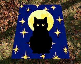 Halloween Black Cat Silhouette Single Crochet Pattern Stars and Moon Blanket Graph Chart  (PDF Download)