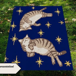 May include: A navy blue blanket featuring two tabby cats and gold starbursts. The cats are light brown with darker brown stripes. The blanket has a digital representation disclaimer.
