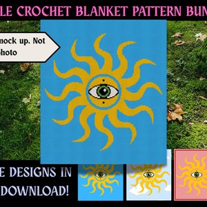 May include: A digital mock-up of a single crochet blanket pattern bundle. The design features a yellow sun with an eye on a blue background. The text reads "THREE DESIGNS IN ONE DOWNLOAD!"
