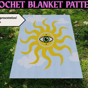 May include: A crochet blanket pattern featuring a yellow sun with an eye in the center, set against a light blue sky with white clouds. The blanket is displayed on green grass. Text at the top reads "CROCHET BLANKET PATTERN".