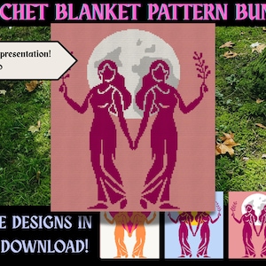 May include: A crochet blanket pattern bundle with three designs. The main design depicts two figures holding hands in a pink and white pixelated style, with a moon in the background. The text "CROCHET BLANKET PATTERN BUNDLE" and "THREE DESIGNS IN ONE DOWNLOAD!" are visible.